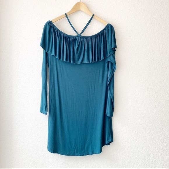Chaser Teal Ruffle Open Shoulder Mini Dress M - Picture 2 of 11